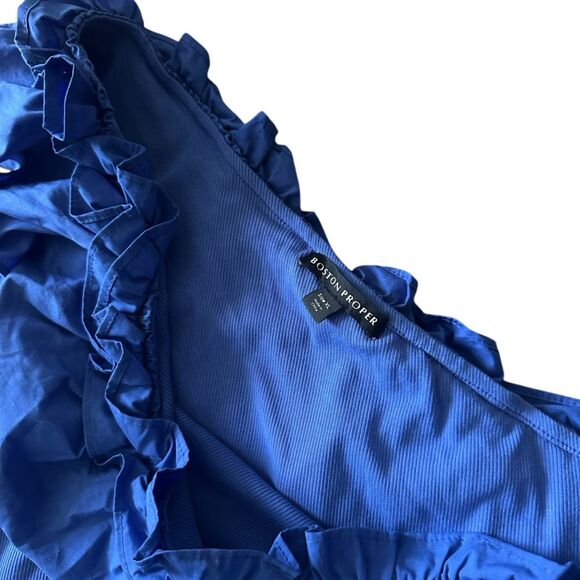 Boston Proper Blue Poplin Ruffle One Shoulder Ribbed Top Size XL - Picture 2 of 4